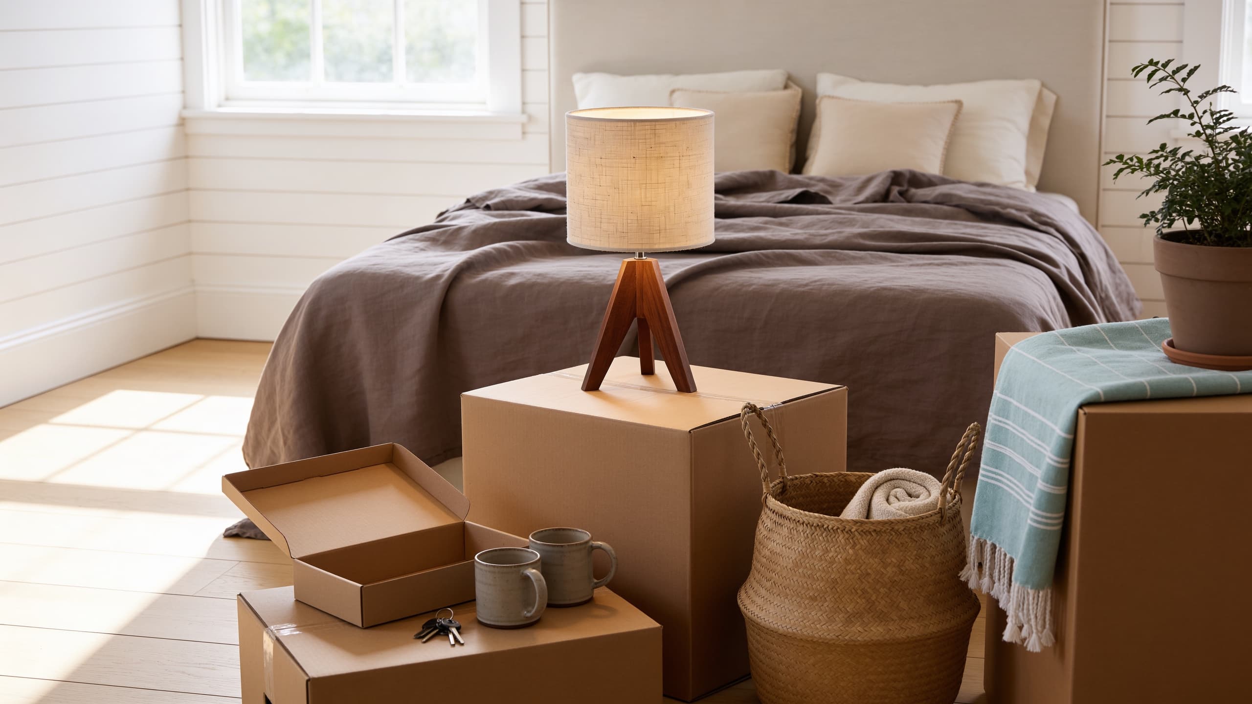 The first morning in a newly moved-into flat, white panelled walls and pale oak boards in low sun: an EDISHINE wooden tripod lamp with a linen drum shade, lit, standing on a moving box, the bed behind made in the Linen & Cotton ALICIA taupe stonewashed linen duvet set with two decorUhome beige stitched-edge cushion covers, a DOKOT natural seagrass belly basket holding a rolled towel, a WETCAT aqua striped Turkish towel over a box, and two mugs and a set of keys on an opened box